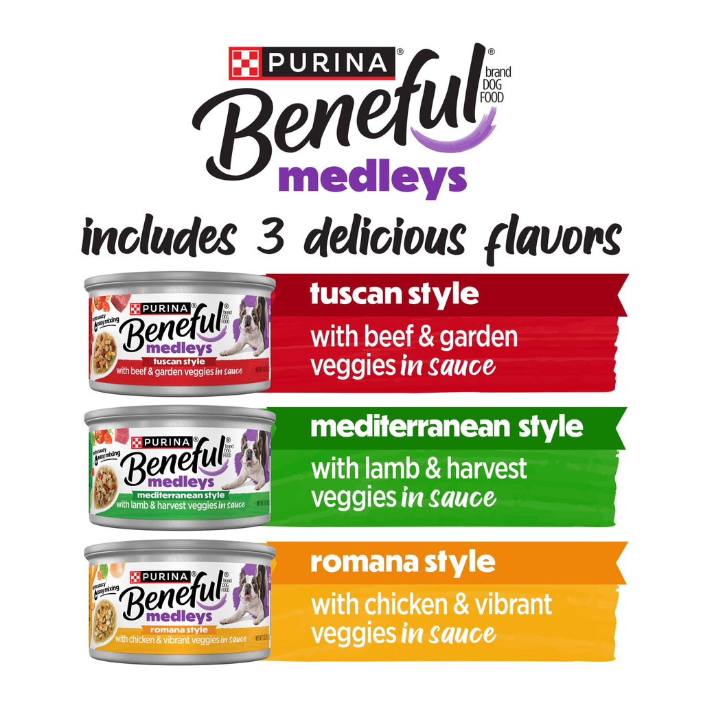 (4 pack) Purina Beneful Medleys Wet Dog Food Variety Pack with Tuscan, Romana, and Mediterranean Style Dog Food in Dog Gravy, 12 Pack