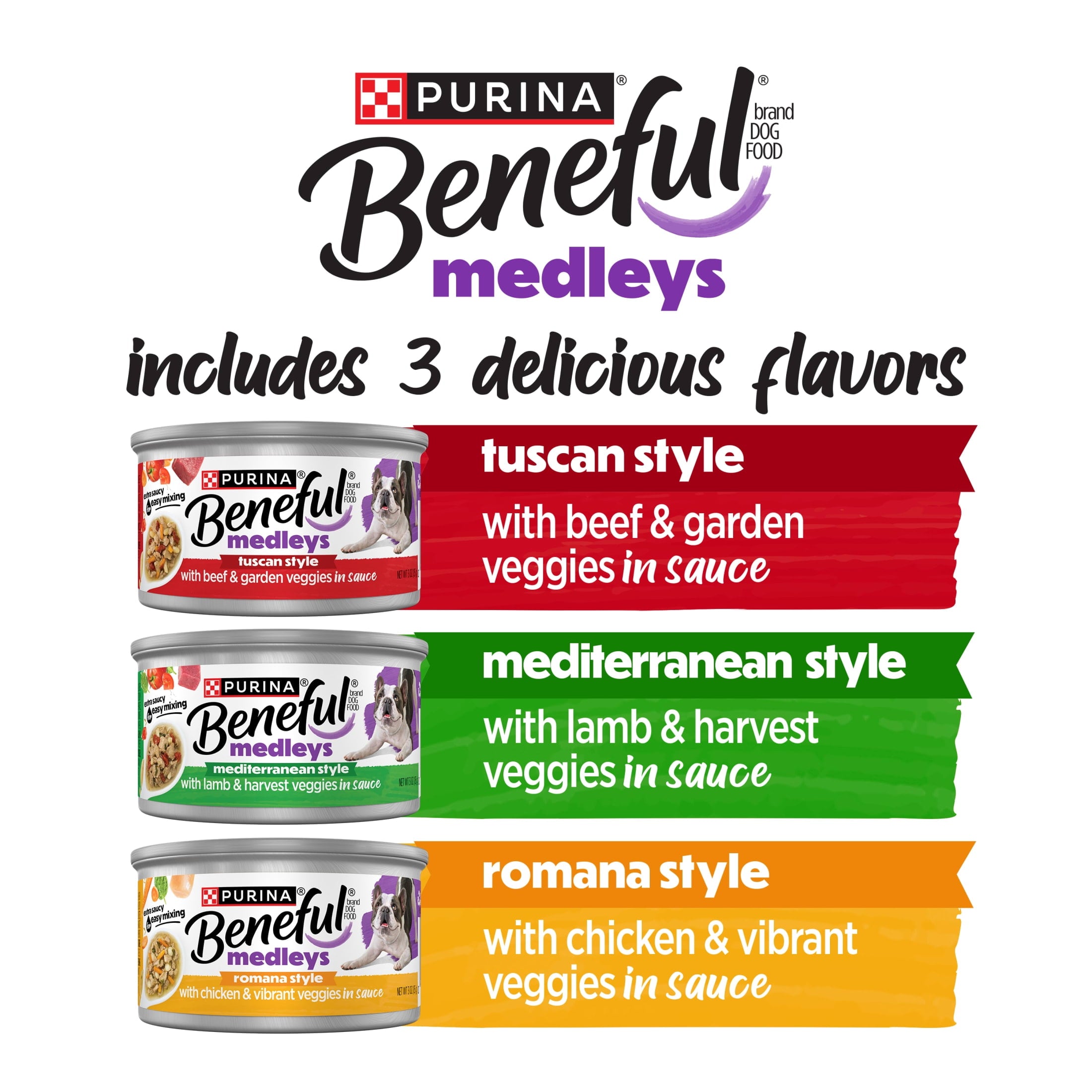 (4 pack) Purina Beneful Medleys Wet Dog Food Variety Pack with Tuscan, Romana, and Mediterranean Style Dog Food in Dog Gravy, 12 Pack