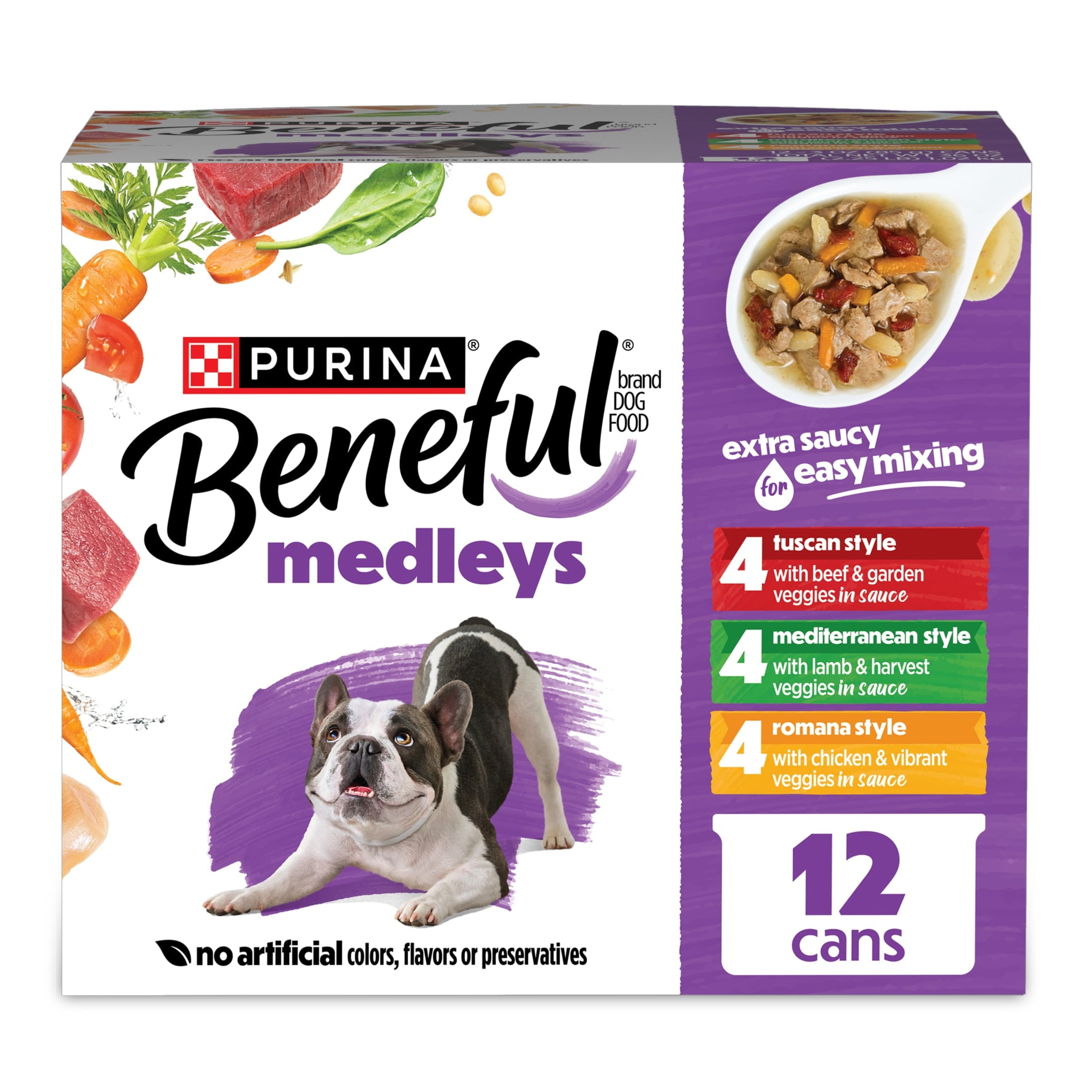 (4 pack) Purina Beneful Medleys Wet Dog Food Variety Pack with Tuscan, Romana, and Mediterranean Style Dog Food in Dog Gravy, 12 Pack
