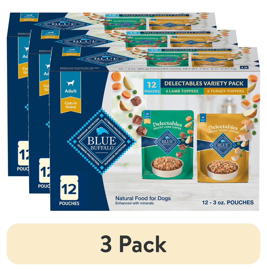 (3 pack) Blue Buffalo Delectables Natural Wet Dog Food Topper Variety Pack, Lamb & Turkey Dinner 3oz (12 Pack - 6 of Each Flavor)