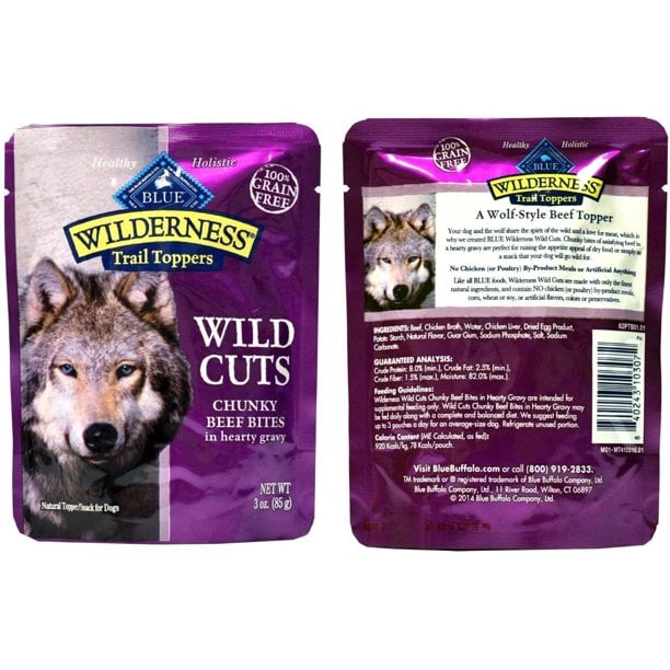 Blue Buffalo Wilderness Trail Toppers Wild Cuts Dog Gravy Snacks Variety Pack - 4 Flavors 2 (Chunky Salmon, Beef, Chicken, & Duck) - 3 Oz  Each (8 Total Pouches)