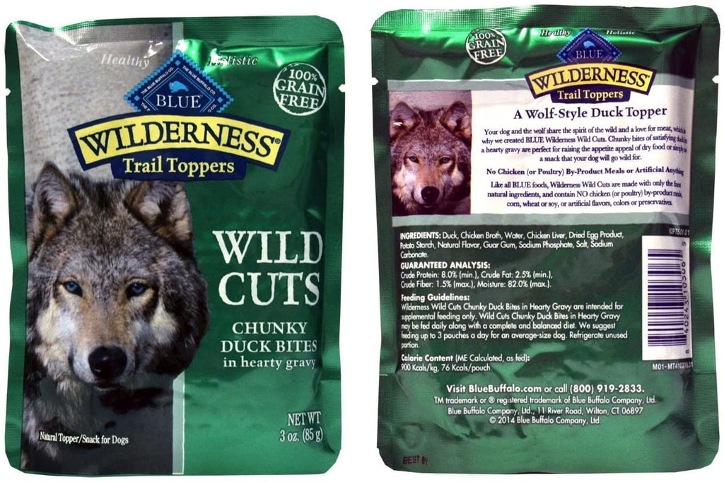 Blue Buffalo Wilderness Trail Toppers Wild Cuts Dog Gravy Snacks Variety Pack - 4 Flavors 2 (Chunky Salmon, Beef, Chicken, & Duck) - 3 Oz  Each (8 Total Pouches)