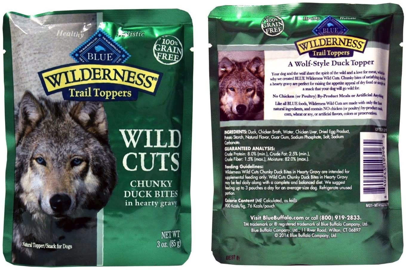 Blue Buffalo Wilderness Trail Toppers Wild Cuts Dog Gravy Snacks Variety Pack - 4 Flavors 2 (Chunky Salmon, Beef, Chicken, & Duck) - 3 Oz  Each (8 Total Pouches)