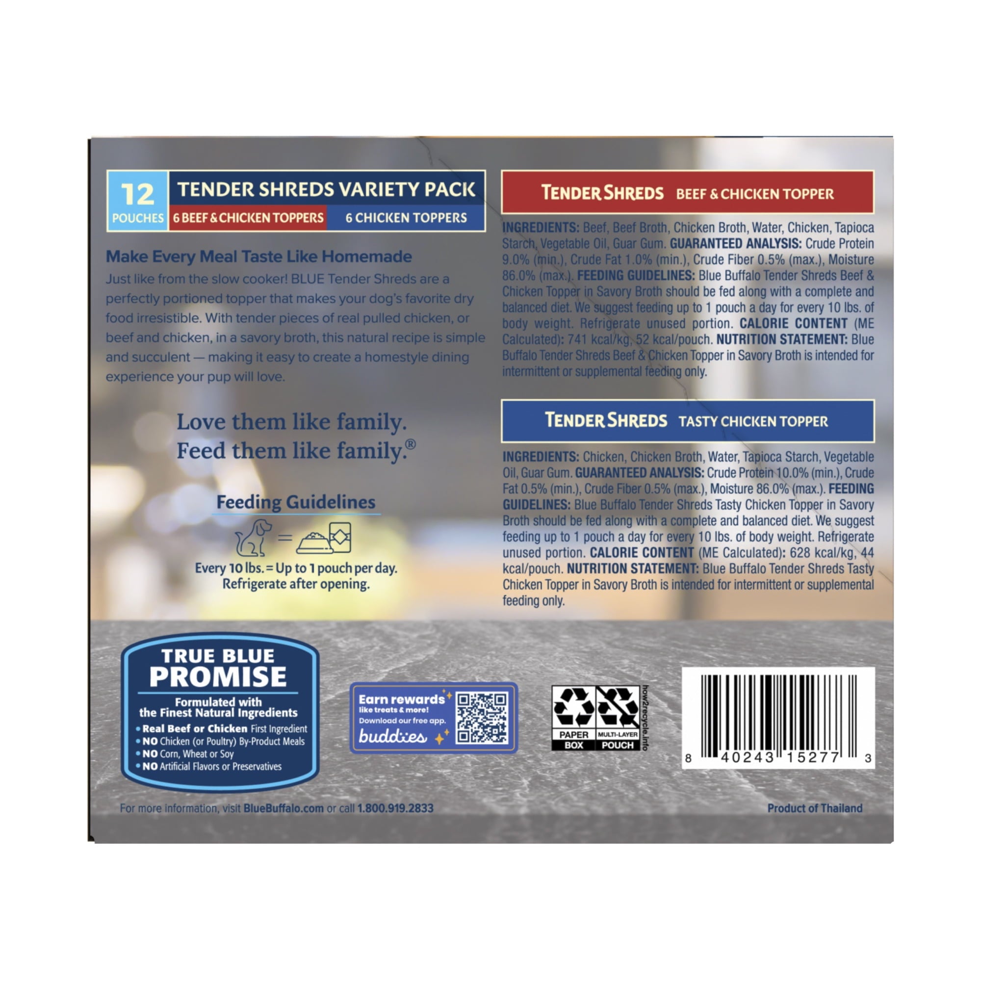 Blue Buffalo Tender Shreds Toppers, Natural Dog Food, 2.5-oz. Pouch, 12-Count Variety Pack