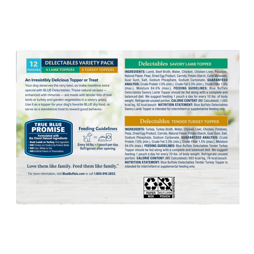(3 pack) Blue Buffalo Delectables Natural Wet Dog Food Topper Variety Pack, Lamb & Turkey Dinner 3oz (12 Pack - 6 of Each Flavor)