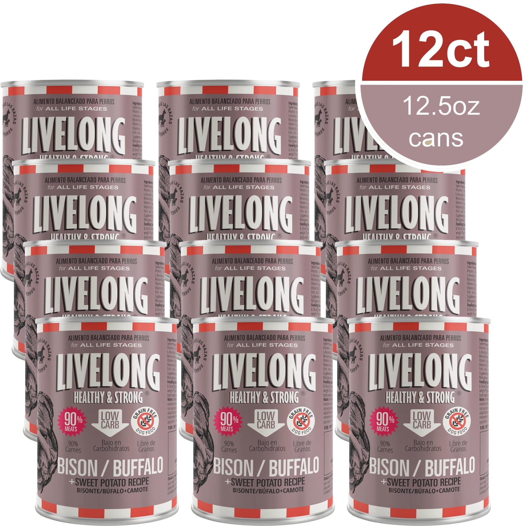 Livelong Healthy & Strong: 12 Pack: Bison/Buffalo & Sweet Potato Recipe - 12.5oz Cans, Wet Dog Food, High Protein, All Natural, No Preservatives,