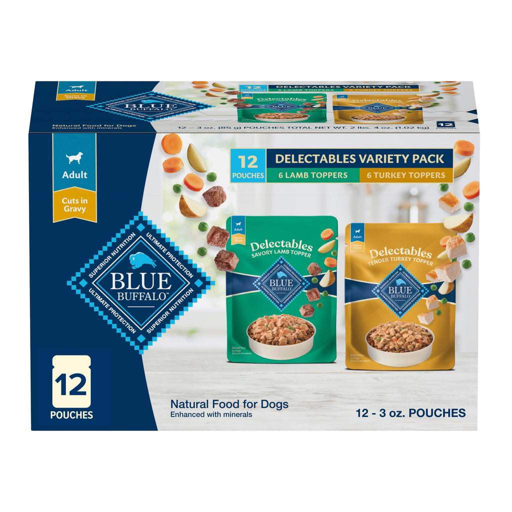 (3 pack) Blue Buffalo Delectables Natural Wet Dog Food Topper Variety Pack, Lamb & Turkey Dinner 3oz (12 Pack - 6 of Each Flavor)