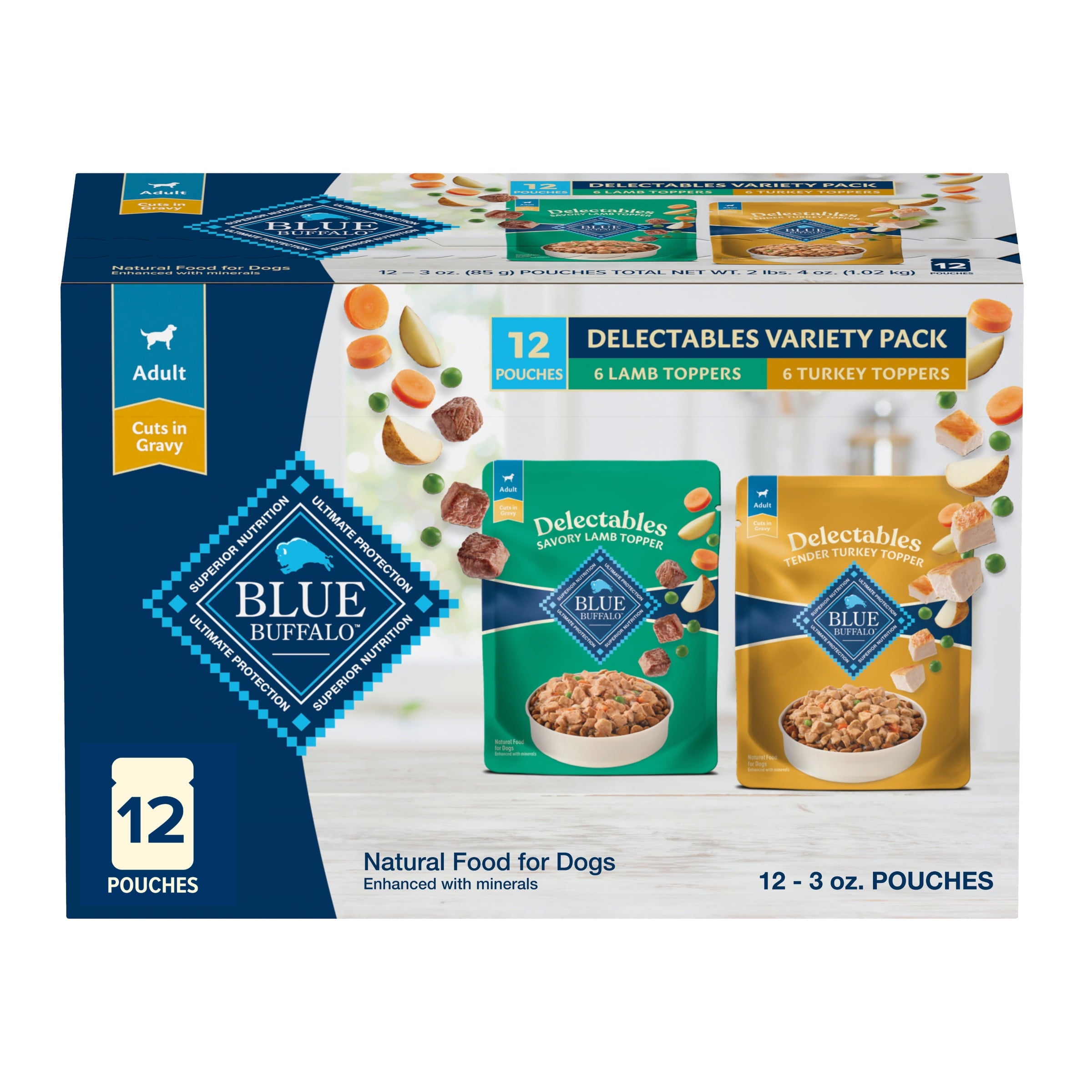 (3 pack) Blue Buffalo Delectables Natural Wet Dog Food Topper Variety Pack, Lamb & Turkey Dinner 3oz (12 Pack - 6 of Each Flavor)