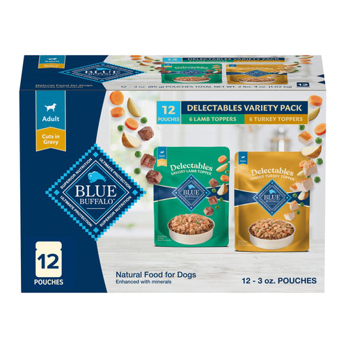 (3 pack) Blue Buffalo Delectables Natural Wet Dog Food Topper Variety Pack, Lamb & Turkey Dinner 3oz (12 Pack - 6 of Each Flavor)