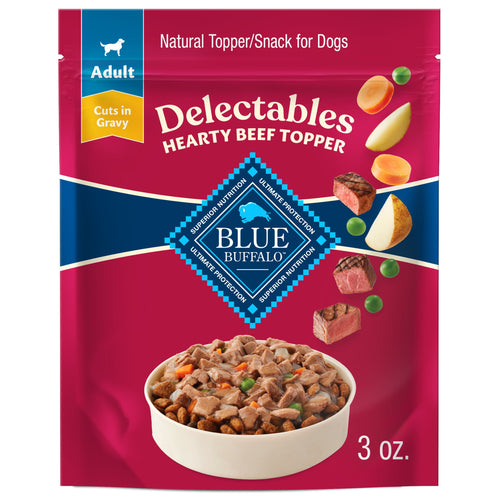 (3 pack) Blue Buffalo Delectables Natural Wet Dog Food Toppers, Hearty Beef, 3-oz Pouch