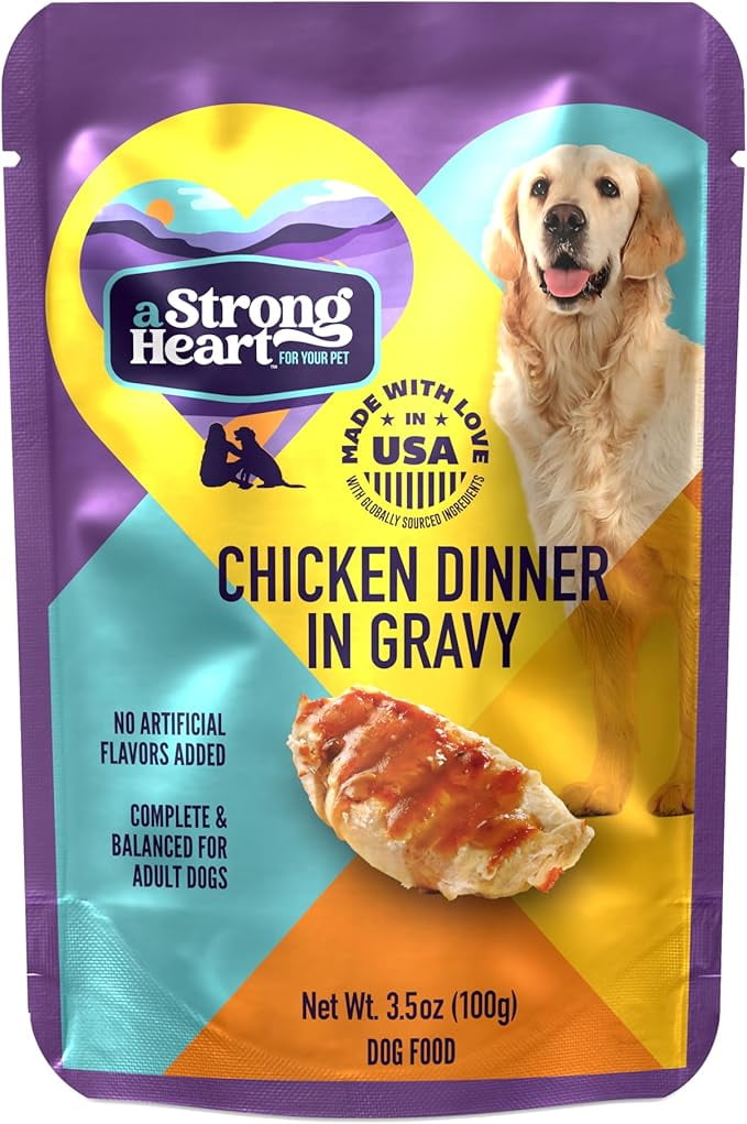 A Strong Heart Wet Dog Food Pouches, Chicken Dinner in Gravy, 3.5 oz Pouches (Pack of 24), Made in The USA with Real Chicken