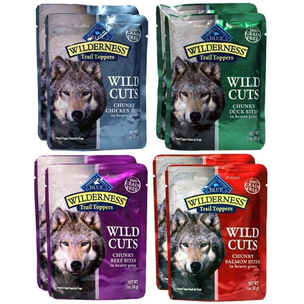 Blue Buffalo Wilderness Trail Toppers Wild Cuts Dog Gravy Snacks Variety Pack - 4 Flavors 2 (Chunky Salmon, Beef, Chicken, & Duck) - 3 Oz  Each (8 Total Pouches)
