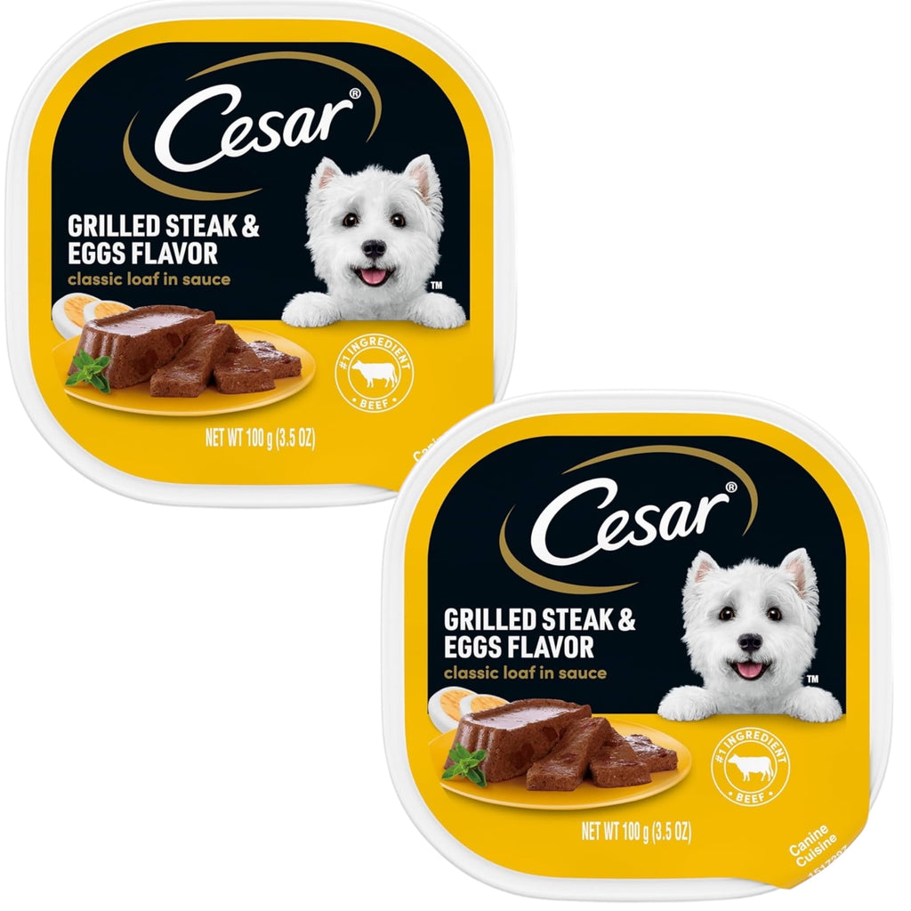 CESAR Adult Wet Dog Food Classic Loaf in Sauce Grilled Steak and Eggs Flavor, 3.5 oz. Easy Peel Trays, Pack of 2
