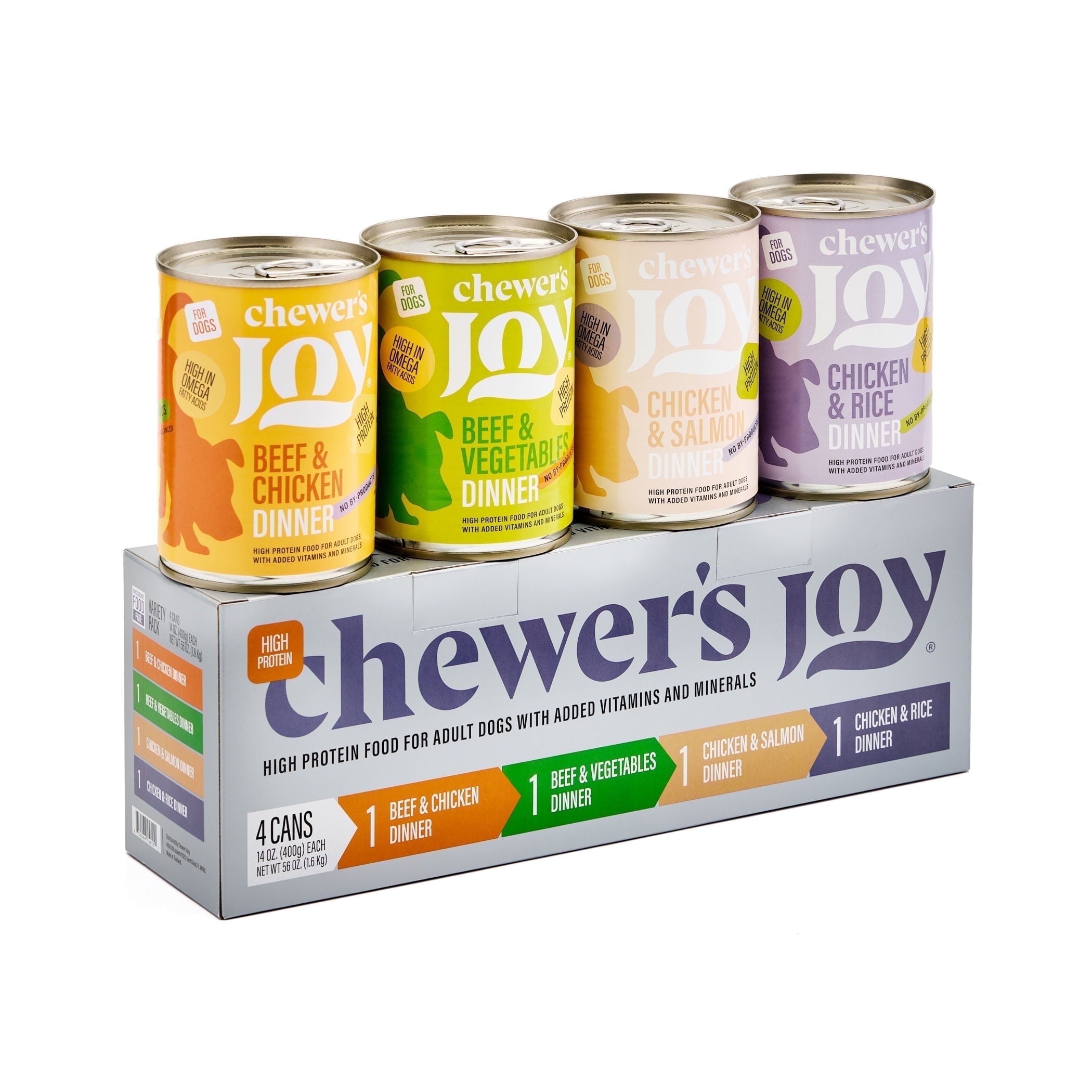 Chewer's Joy Variety Pack Paté Dinner for Dogs (12 Cans, 400g) – Beef & Chicken, Beef & Vegetables, Chicken & Salmon, Chicken & Rice – Natural Wet Dog Food, Complete & Balanced