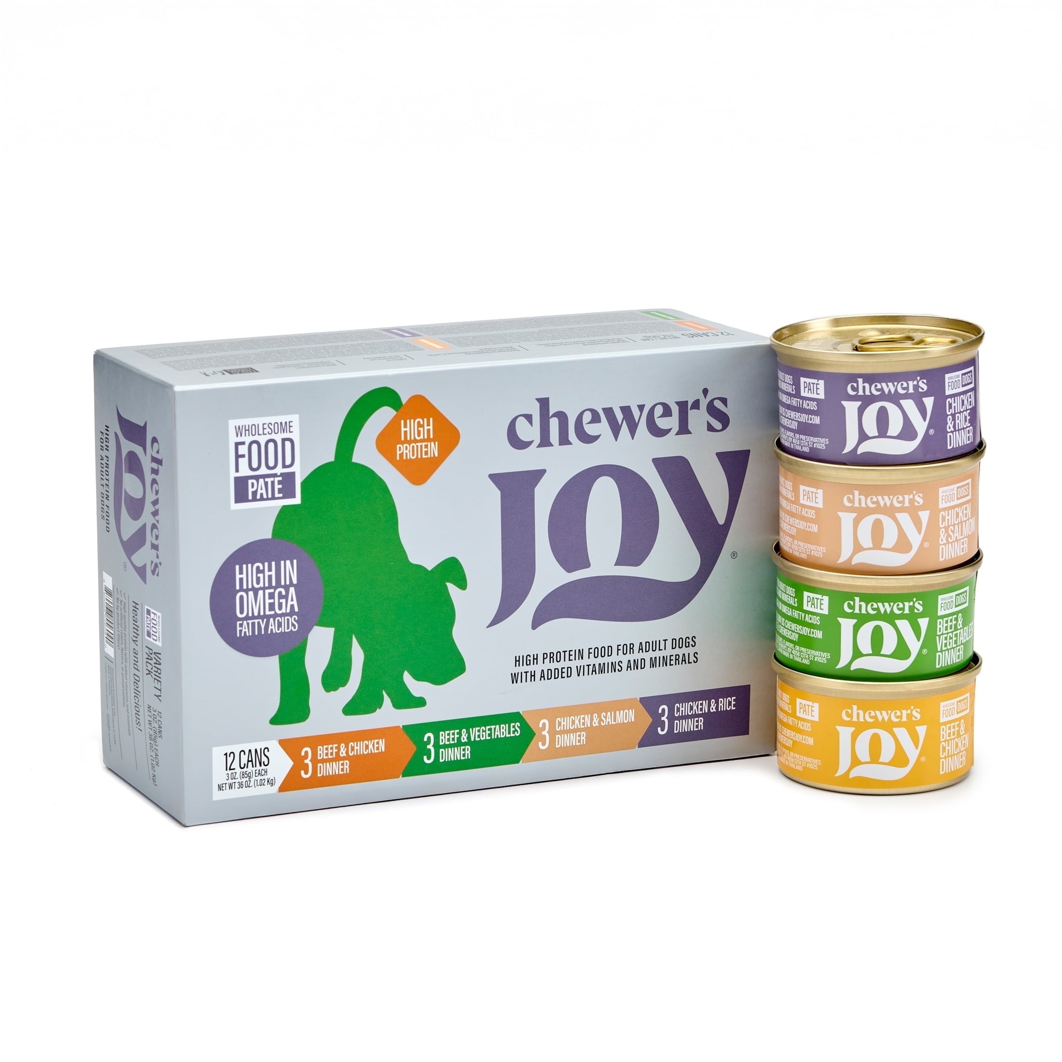 Chewer's Joy Variety Pack Paté Dinner for Dogs (24 Cans, 85g) – Beef & Chicken, Beef & Vegetables, Chicken & Salmon, Chicken & Rice – Natural Wet Dog Food, Complete & Balanced