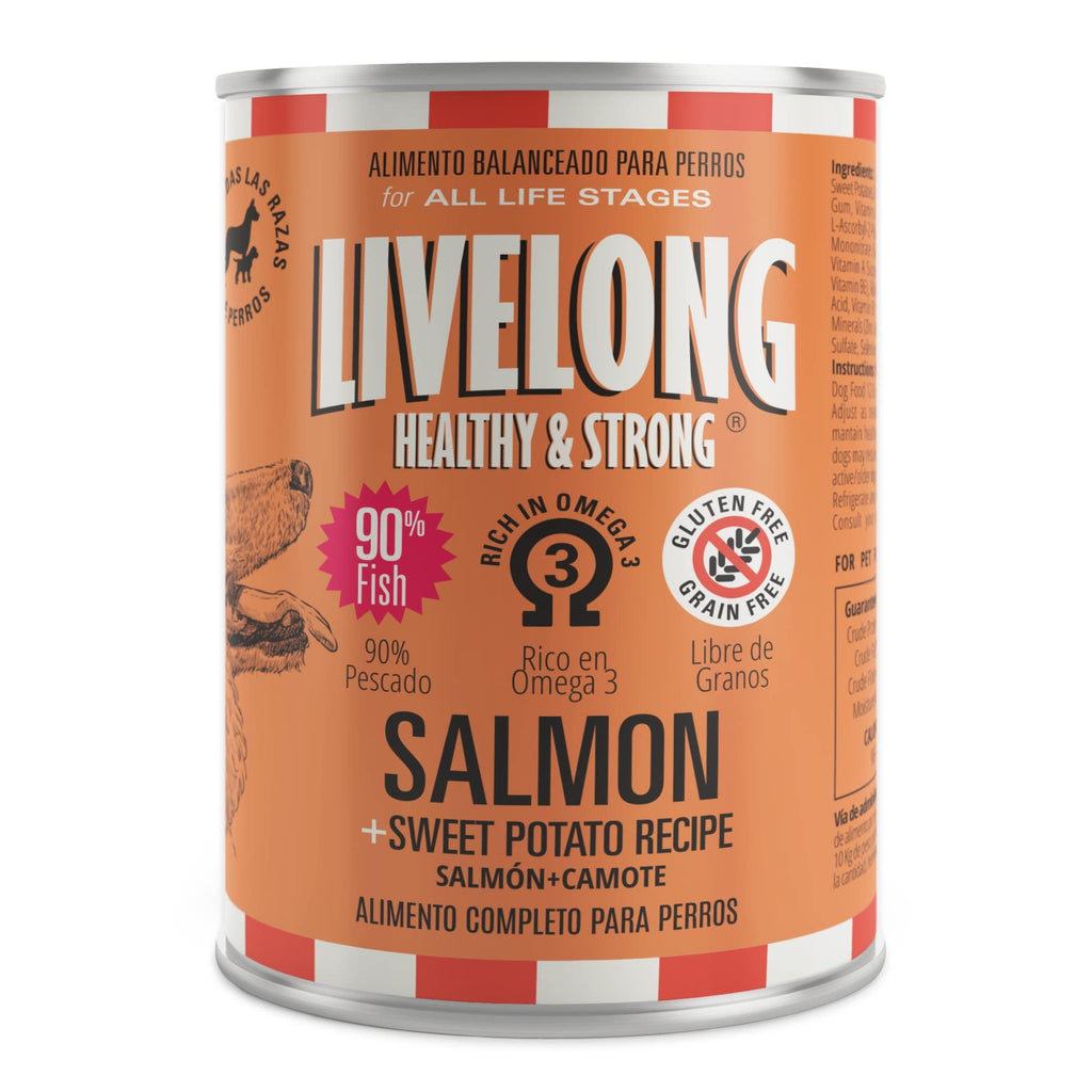 Livelong Healthy & Strong: 12 Pack: Salmon & Sweet Potato Recipe - 12.5oz Cans, Wet Dog Food, High Protein, All Natural, No Preservatives,