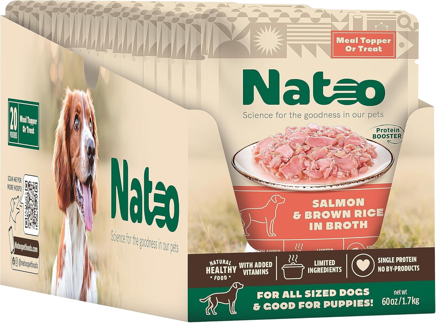 NATOO Dog Food Topper for Picky Eaters & Dog Treat (Salmon & Brown Rice), Wet Meal Enhancer for Adults & Puppies, Limited Ingredient, 3 oz (Case of 20)