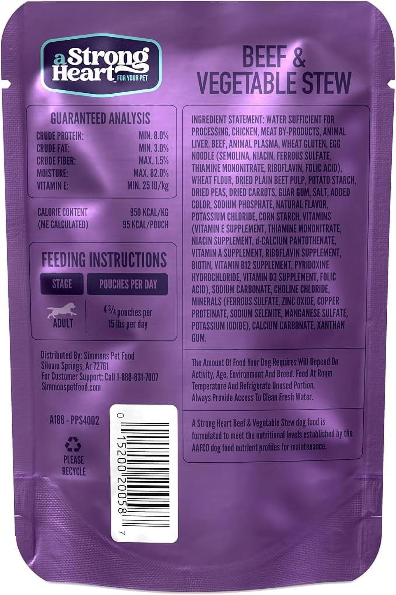 A Strong Heart Wet Dog Food Pouches, Beef & Vegetable Stew, 3.5 oz Pouches (Pack of 24), Made in The USA with Real Beef