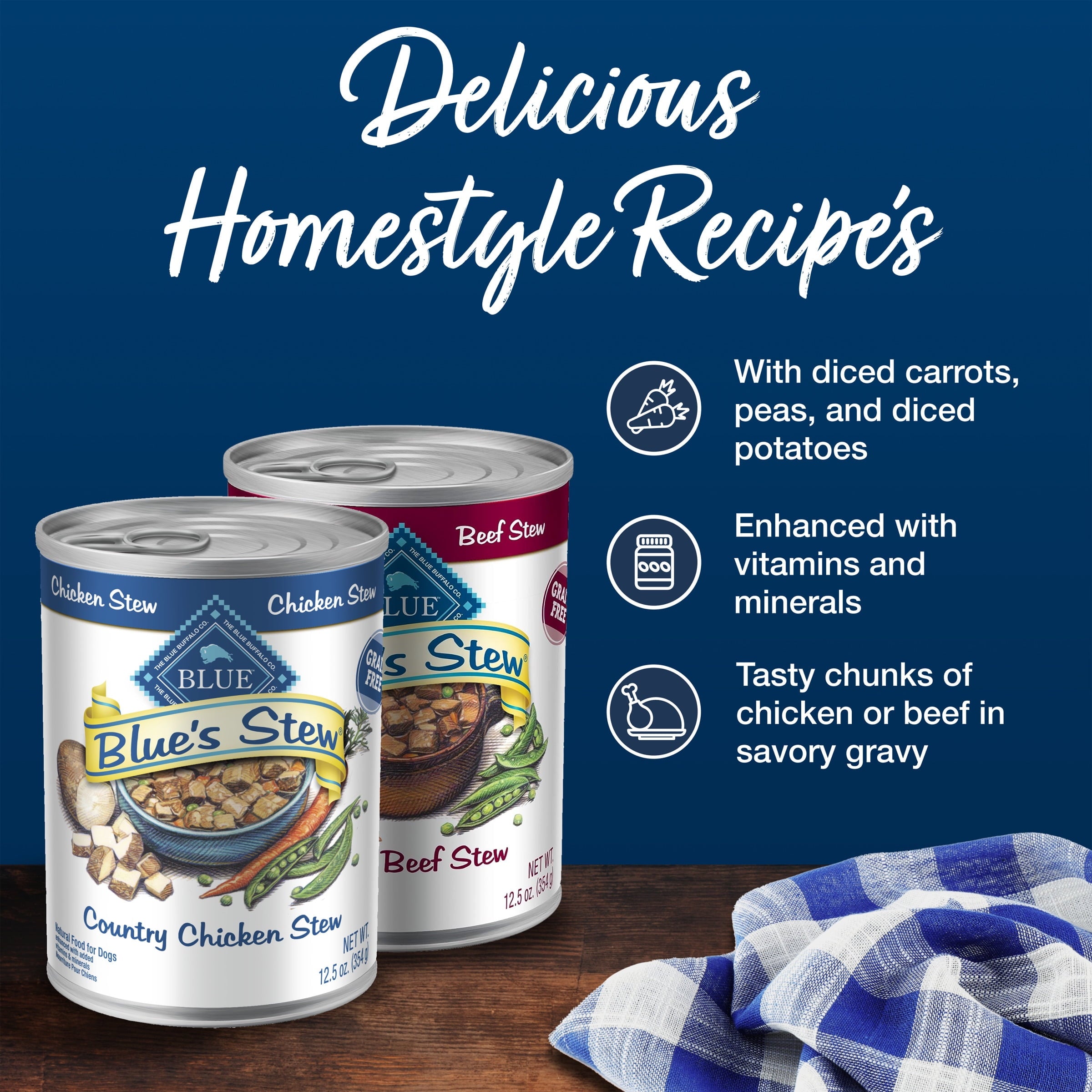 Blue Buffalo Blue's Stew Natural Wet Dog Food, Hearty Beef and Country Chicken Variety Pack, 12.5-oz. Cans (6 Count- 3 of Each Flavor)