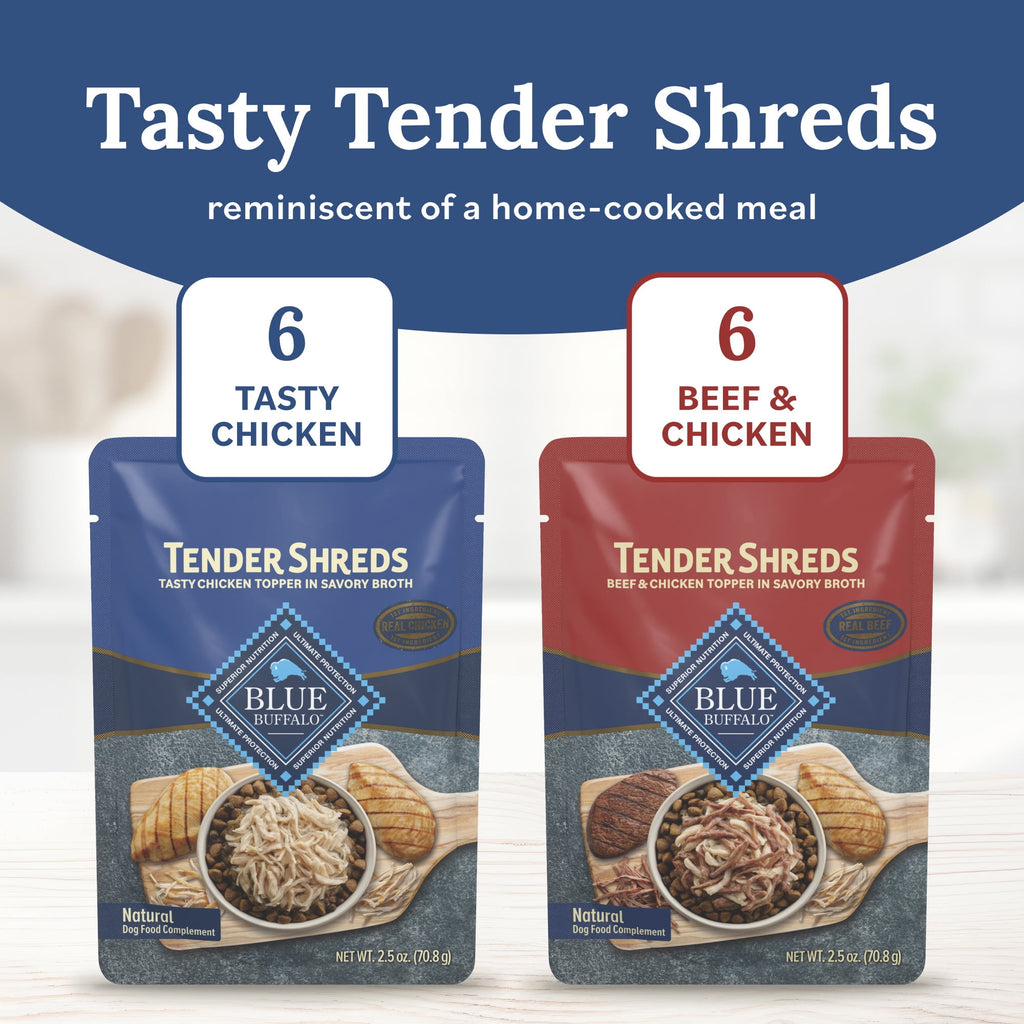 Blue Buffalo Tender Shreds Toppers, Natural Dog Food, 2.5-oz. Pouch, 12-Count Variety Pack