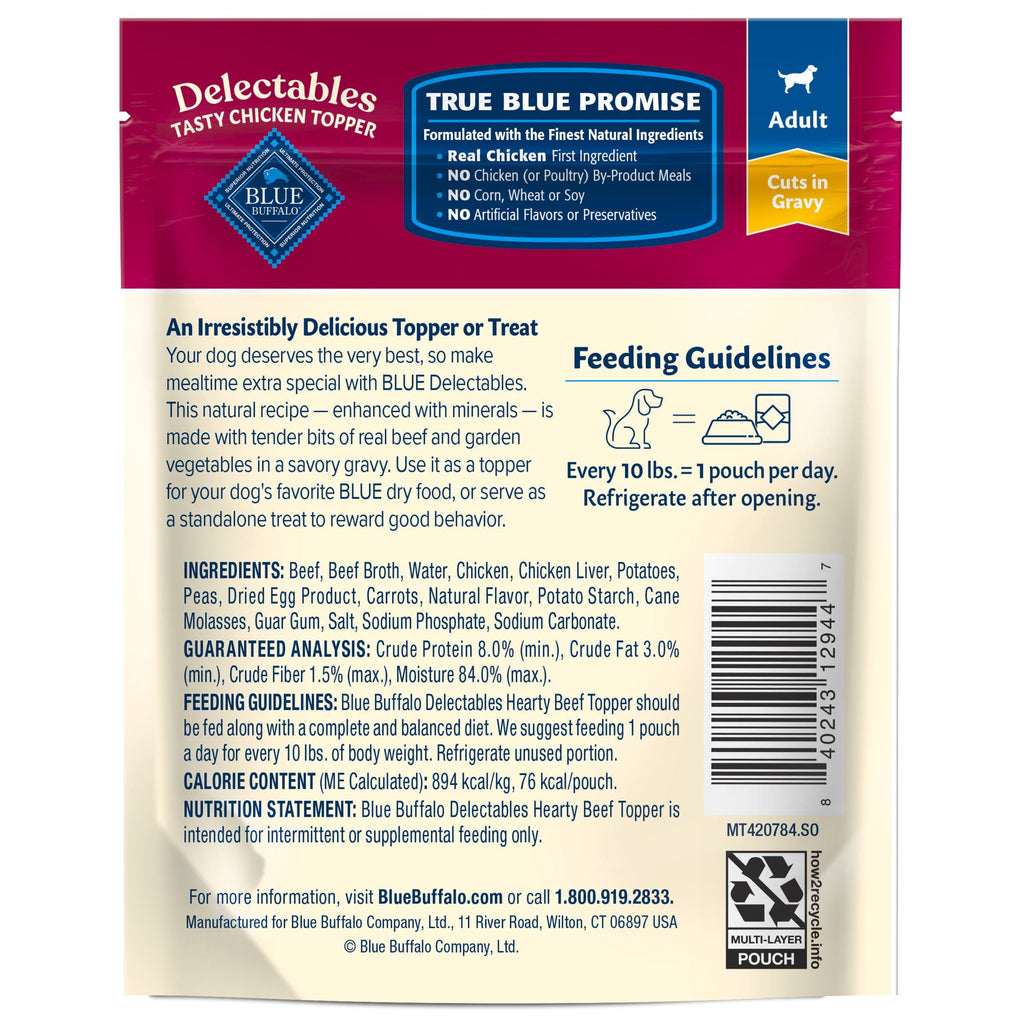 (3 pack) Blue Buffalo Delectables Natural Wet Dog Food Toppers, Hearty Beef, 3-oz Pouch