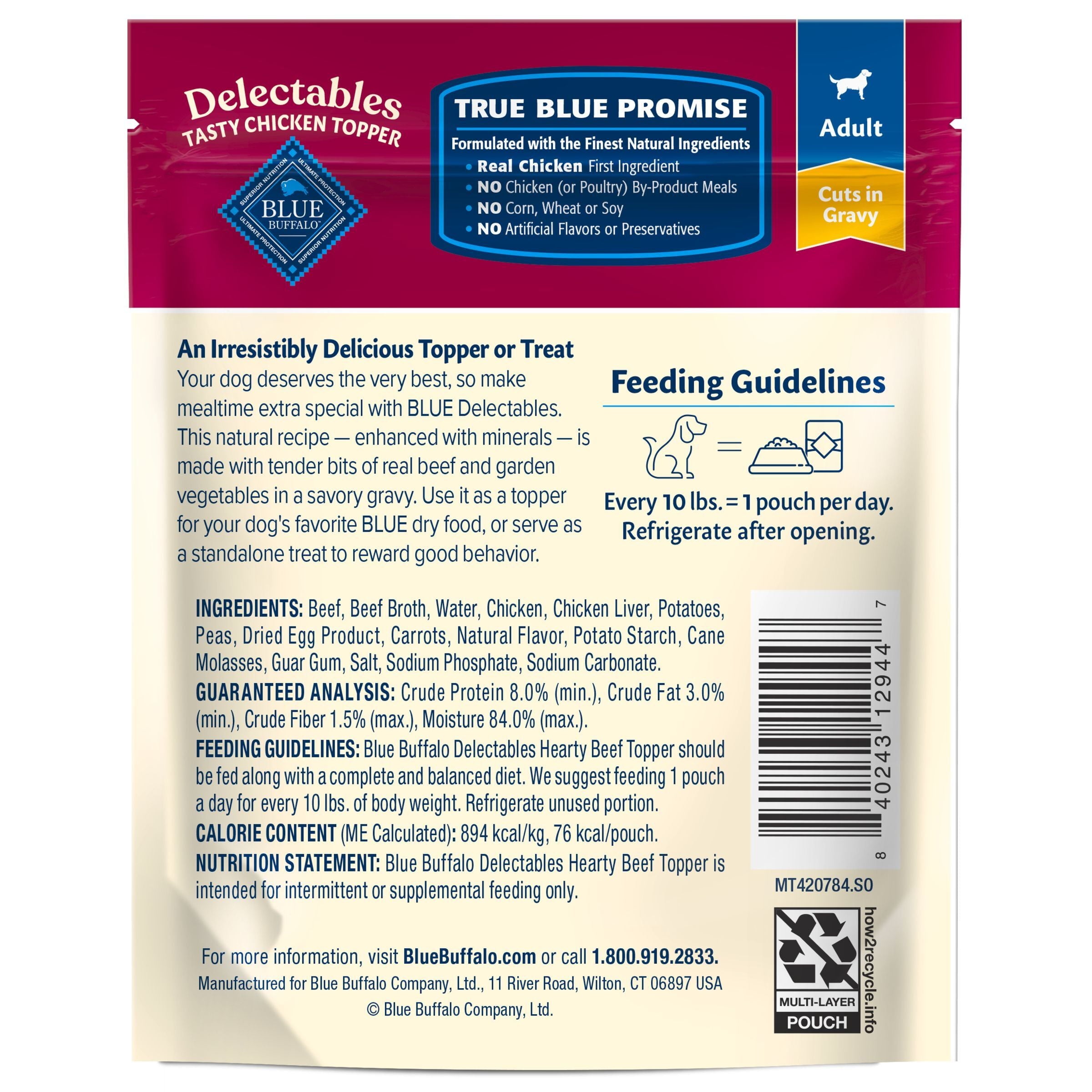 (3 pack) Blue Buffalo Delectables Natural Wet Dog Food Toppers, Hearty Beef, 3-oz Pouch