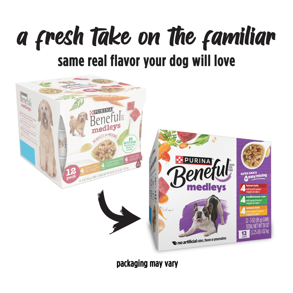 (4 pack) Purina Beneful Medleys Wet Dog Food Variety Pack with Tuscan, Romana, and Mediterranean Style Dog Food in Dog Gravy, 12 Pack