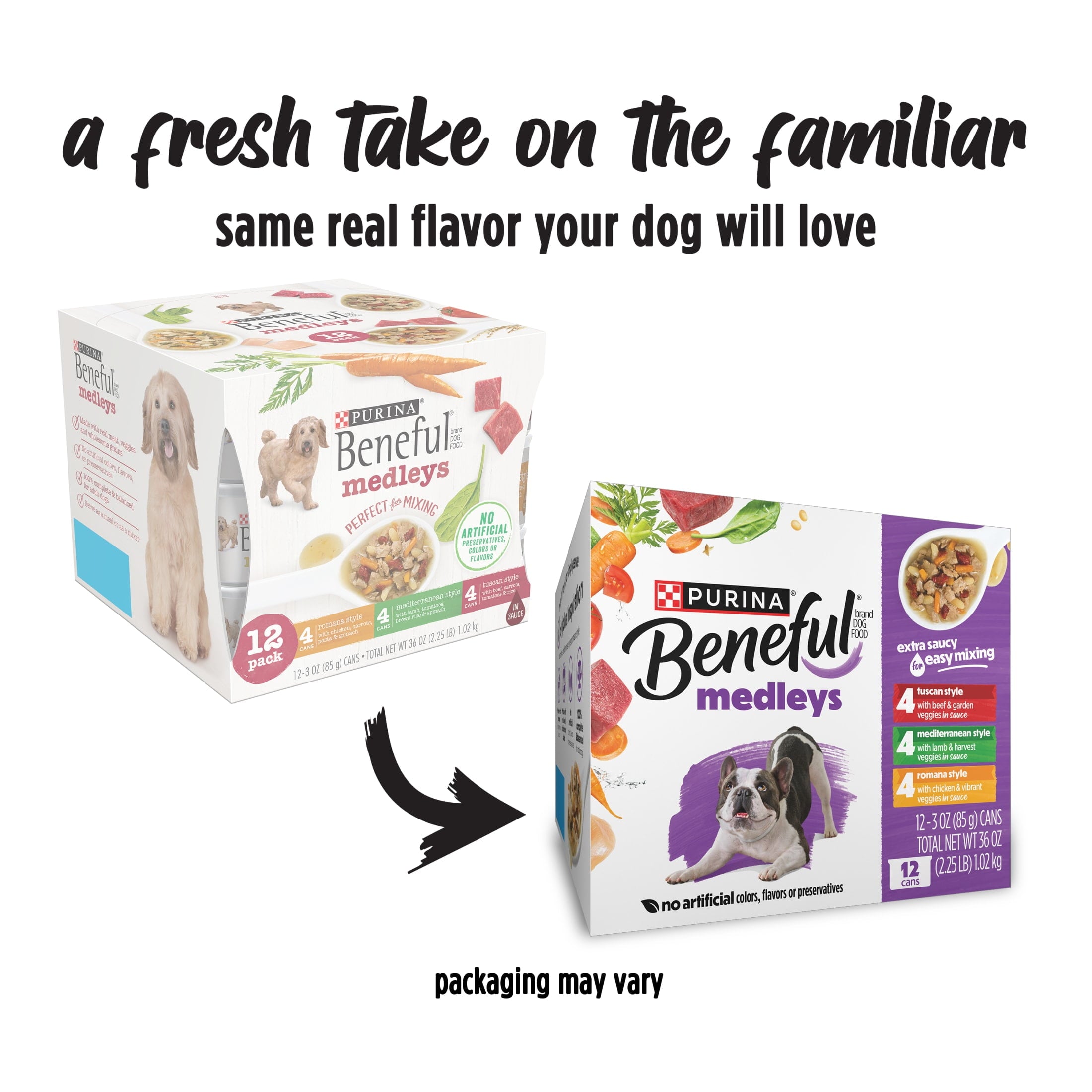 (4 pack) Purina Beneful Medleys Wet Dog Food Variety Pack with Tuscan, Romana, and Mediterranean Style Dog Food in Dog Gravy, 12 Pack