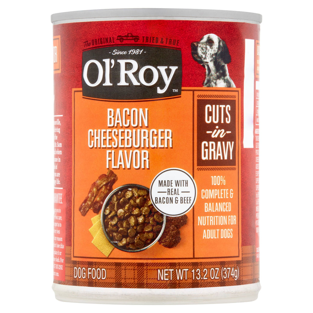 (4 pack) Ol' Roy Bacon, Cheeseburger & Beef Flavor Gravy Wet Dog Food for Adult, 13.2 oz. Can