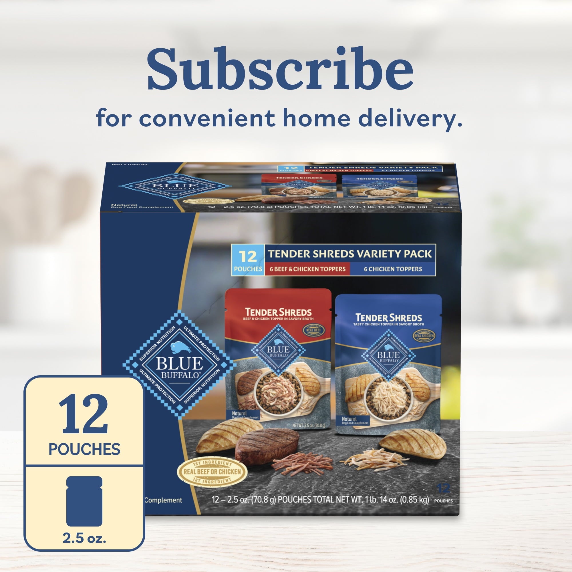 Blue Buffalo Tender Shreds Toppers, Natural Dog Food, 2.5-oz. Pouch, 12-Count Variety Pack