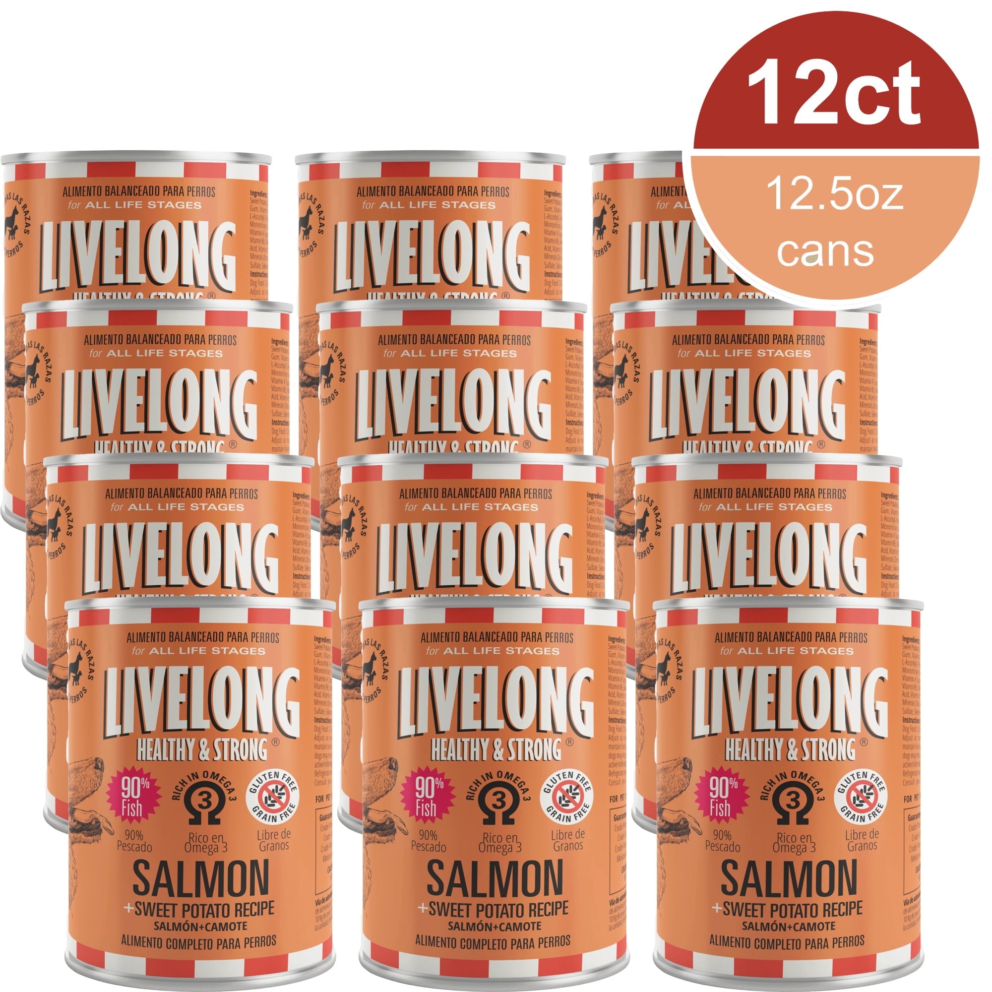 Livelong Healthy & Strong: 12 Pack: Salmon & Sweet Potato Recipe - 12.5oz Cans, Wet Dog Food, High Protein, All Natural, No Preservatives,